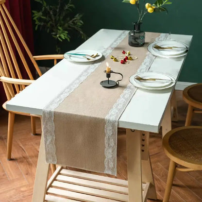 Lace Trim Linen Table Runner for Christmas & Weddings